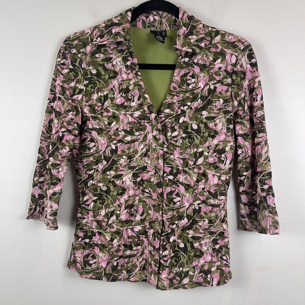 Vintage y2k Womens Collared Button Up Top M Floral‎ Lace 3/4 Sleeve Top Cottage